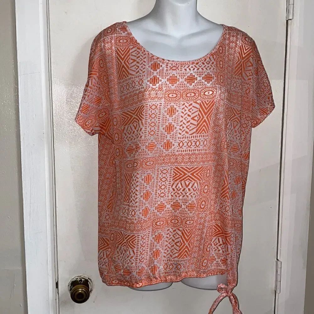 PRANA Orange and White Burnout Tie Tee-M